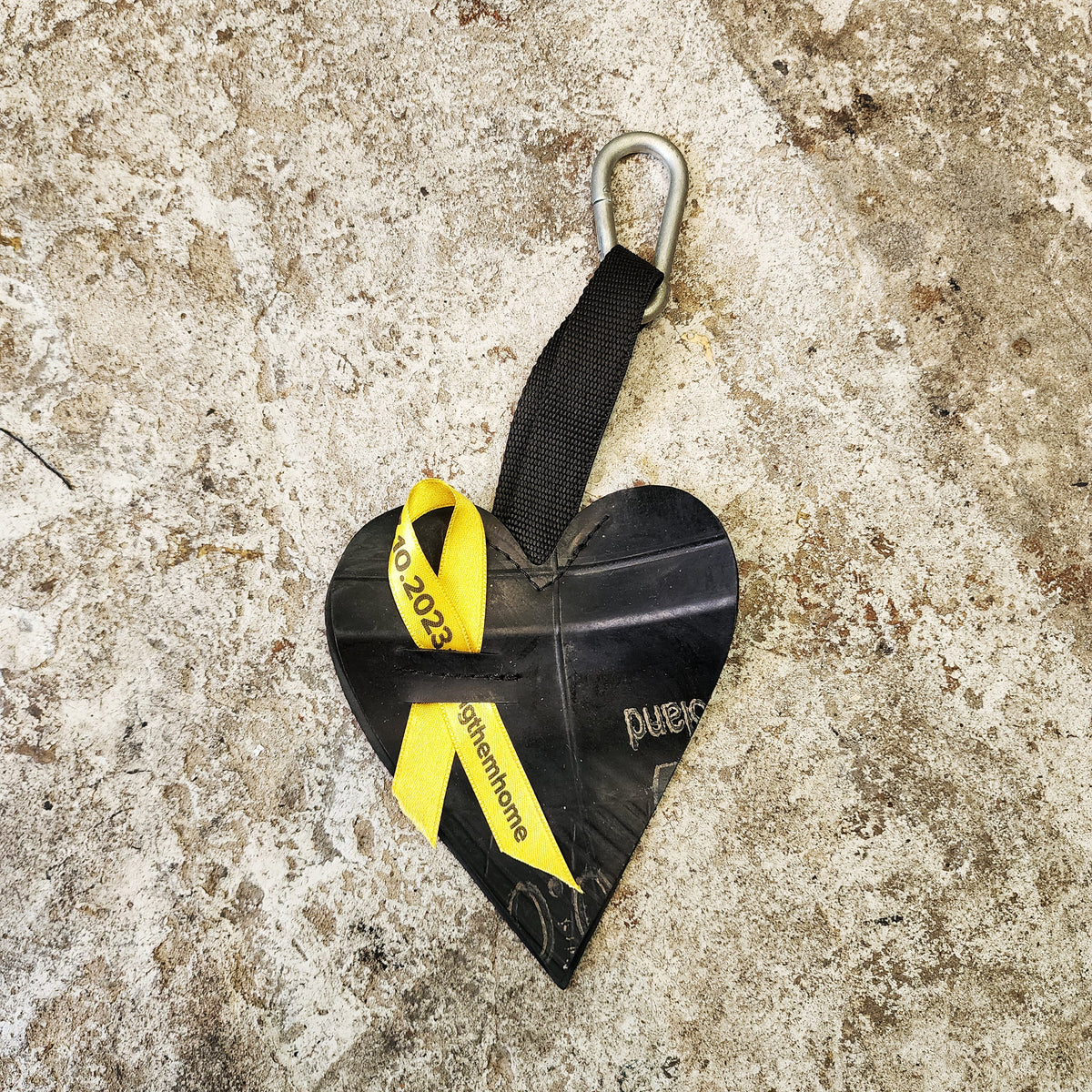 Key chain heart for BRING THEM HOME made from inner tubes